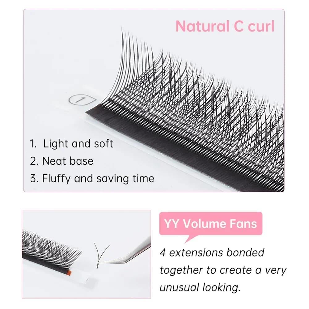 Extensiones de pestañas en abanico preformado Y YY, rizo C, 0.05mm