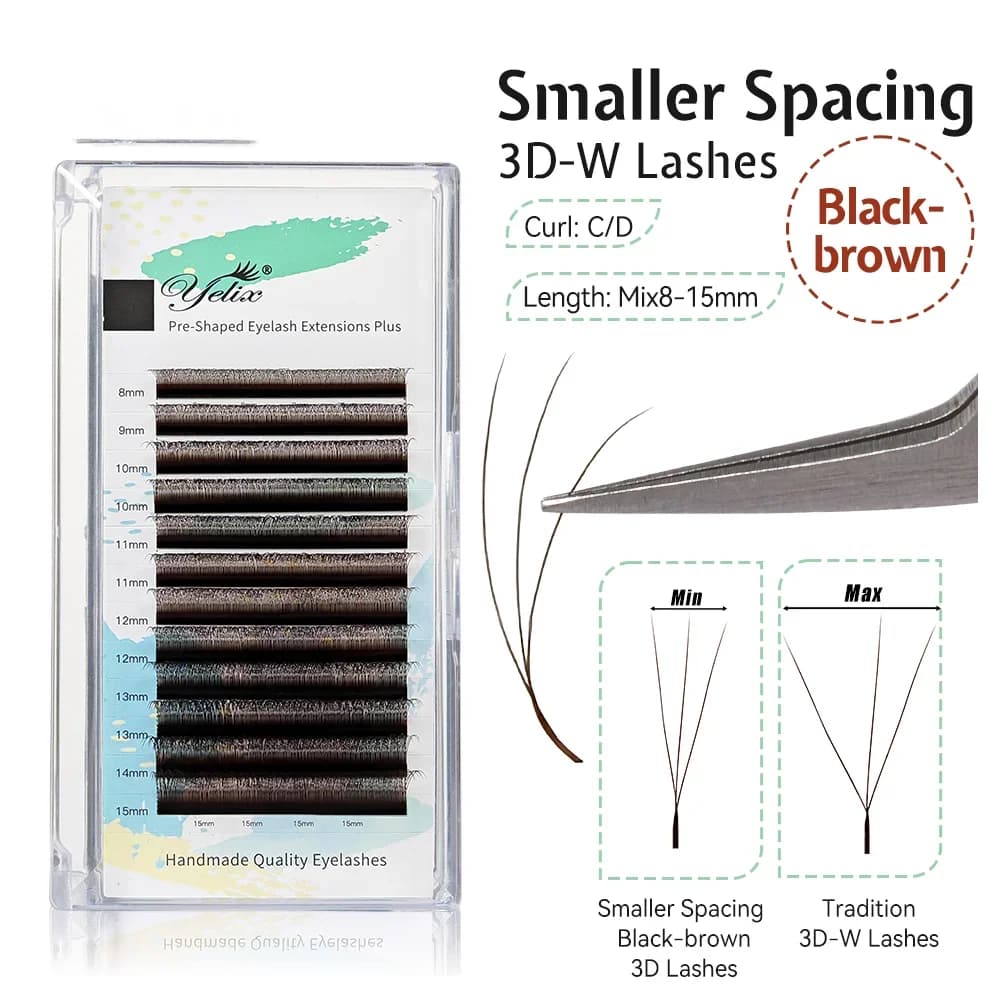 Extensiones de pestañas en abanico premade volumen 3D forma W negro-marrón