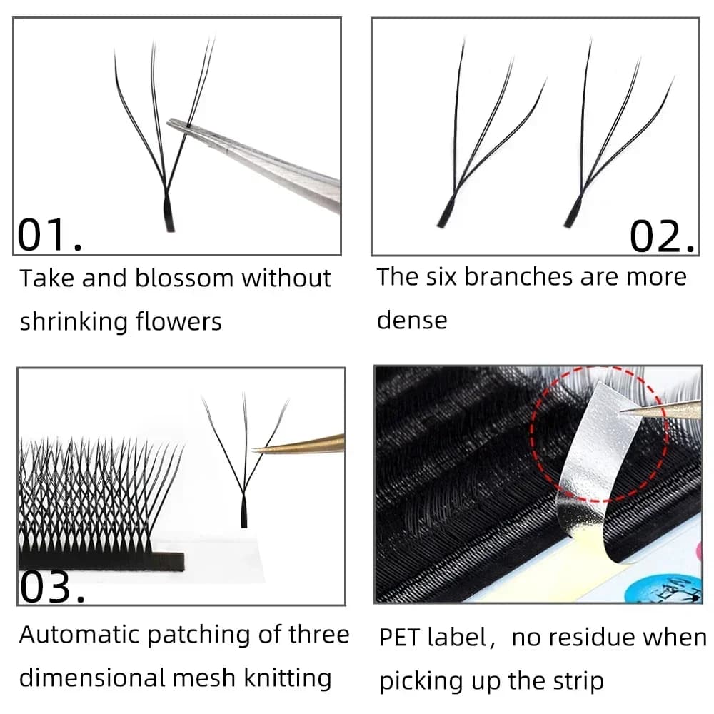 Extensiones de pestañas en abanico premade forma W 5D con floración automática